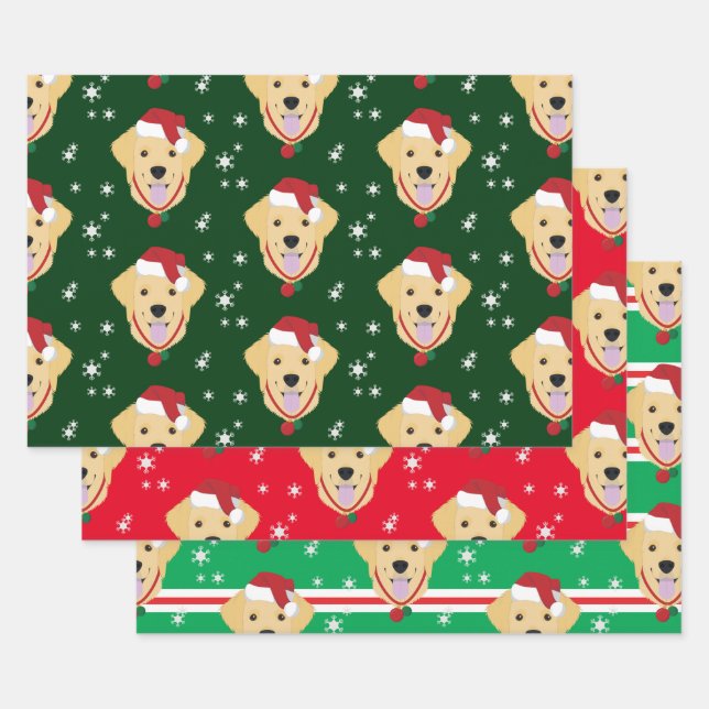 Christmas Santa Golden Retriever Dog Snowflake Wrapping Paper Sheet (Set)