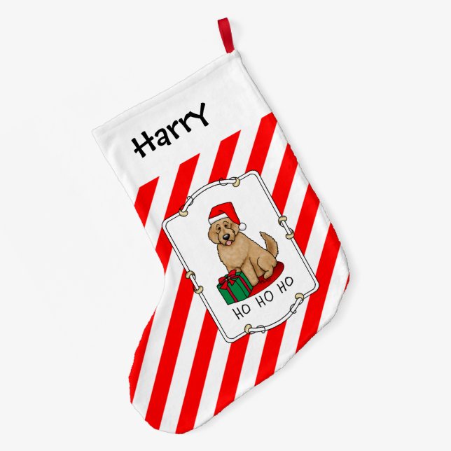 Christmas Santa Goldendoodle (golden red) Dog Cute Large Christmas Stocking (Back (Hanging))