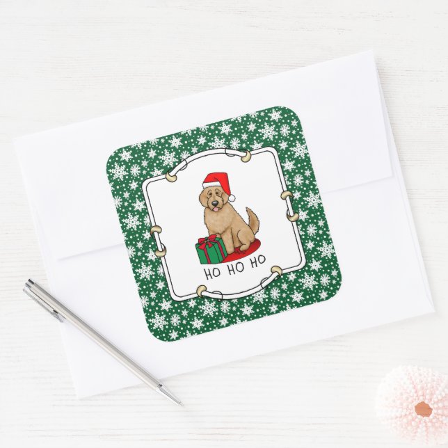 Christmas Santa Goldendoodle (golden red) Dog Cute Square Sticker (Envelope)