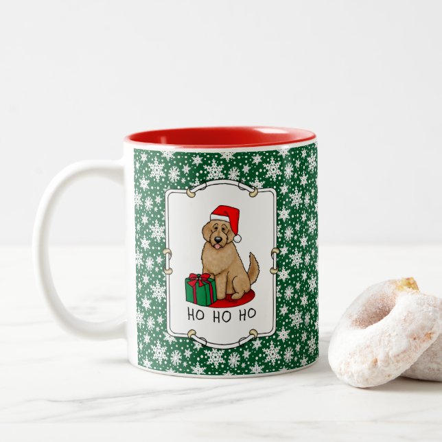 Christmas Santa Goldendoodle (golden red) Dog Cute Two-Tone Coffee Mug (With Donut)