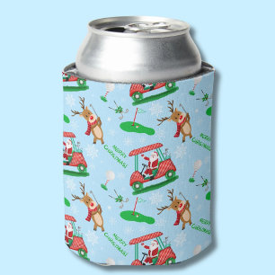 Christmas Santa Golfing With Reindeer Pattern Can Cooler