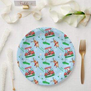 Christmas Santa Golfing With Reindeer Pattern Paper Plate
