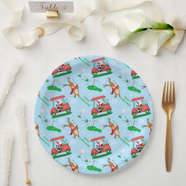 Christmas Santa Golfing With Reindeer Pattern  Paper Plate (Wedding)