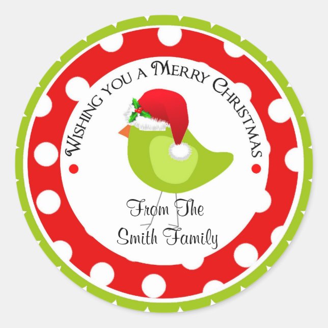 Christmas Santa Green Bird Classic Round Sticker (Front)