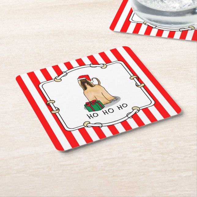 Christmas Santa Hat Afghan Hound Dog Fawn Cute Square Paper Coaster (Angled)