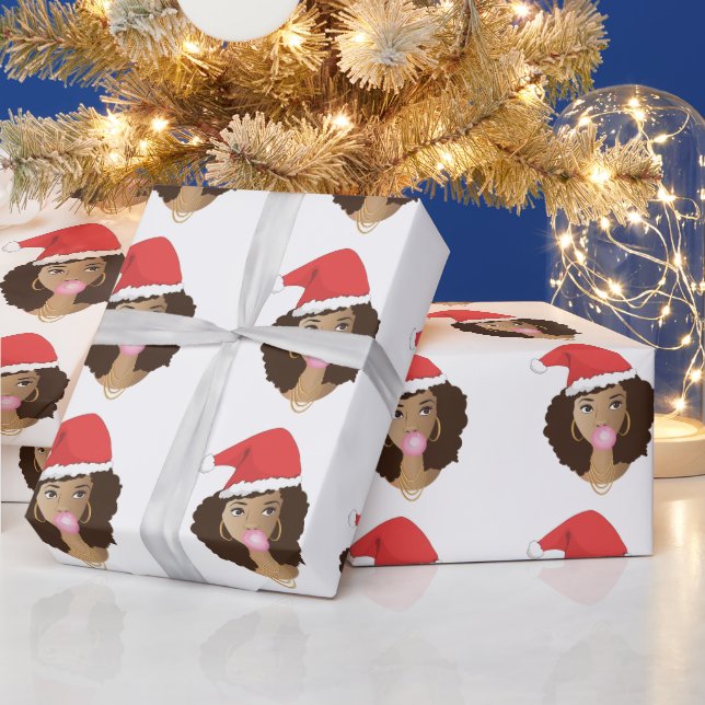 Christmas Santa Hat, Black Woman, Bubblegum Wrapping Paper (Holidays)