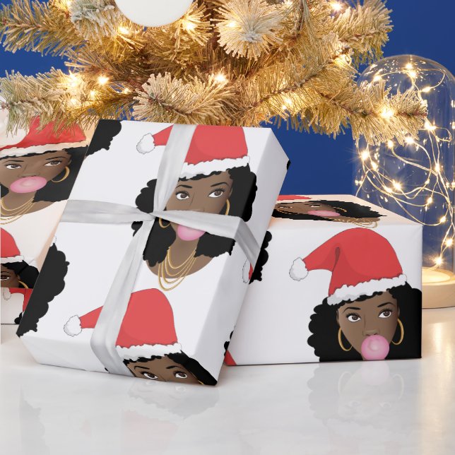Christmas Santa Hat, Black Woman, Bubblegum Wrapping Paper (Holidays)