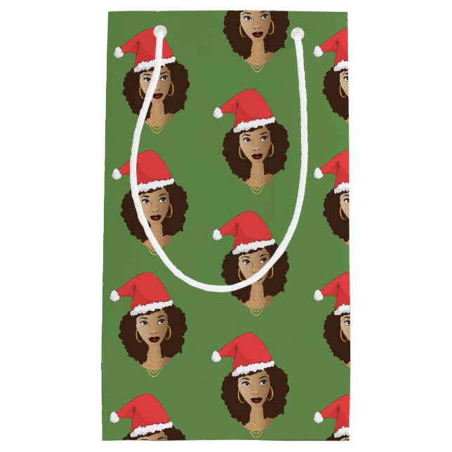 Christmas Santa Hat, Black Woman, Green Small Gift Bag (Front)