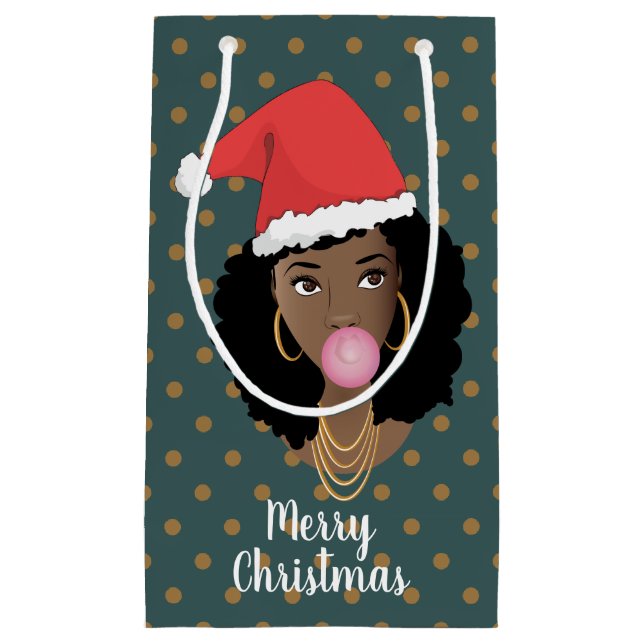 Christmas Santa Hat, Black Woman, Gum, Dark Teal Small Gift Bag (Front)