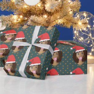 Christmas Santa Hat, Black Woman, Gum, Stars, Teal Wrapping Paper