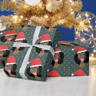 Christmas Santa Hat, Black Woman, Gum, Stars, Teal Wrapping Paper