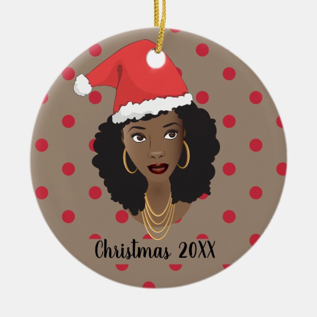 Christmas Santa Hat, Black Woman, Red Dots, Brown Ceramic Tree Decoration (Front)