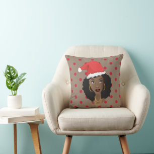 Christmas Santa Hat, Black Woman, Red Dots, Brown Cushion