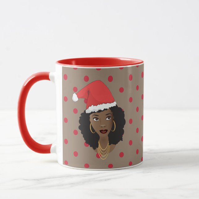 Christmas Santa Hat, Black Woman, Red Dots, Brown Mug (Left)