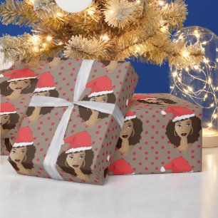 Christmas Santa Hat, Black Woman, Red Dots, Brown Wrapping Paper