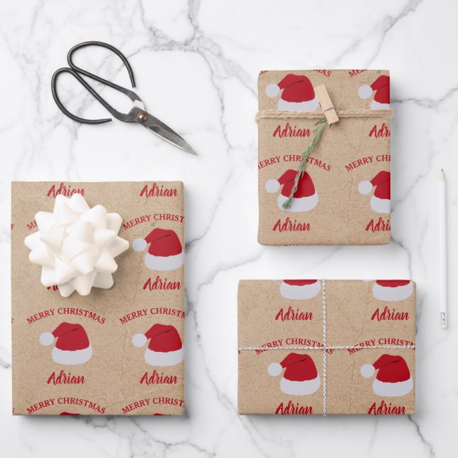 Christmas Santa Hat & Custom Name Pattern Kraft Wrapping Paper Sheet (Front)