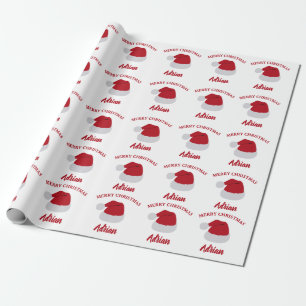 Christmas Santa Hat & Custom Name Pattern Wrapping Paper