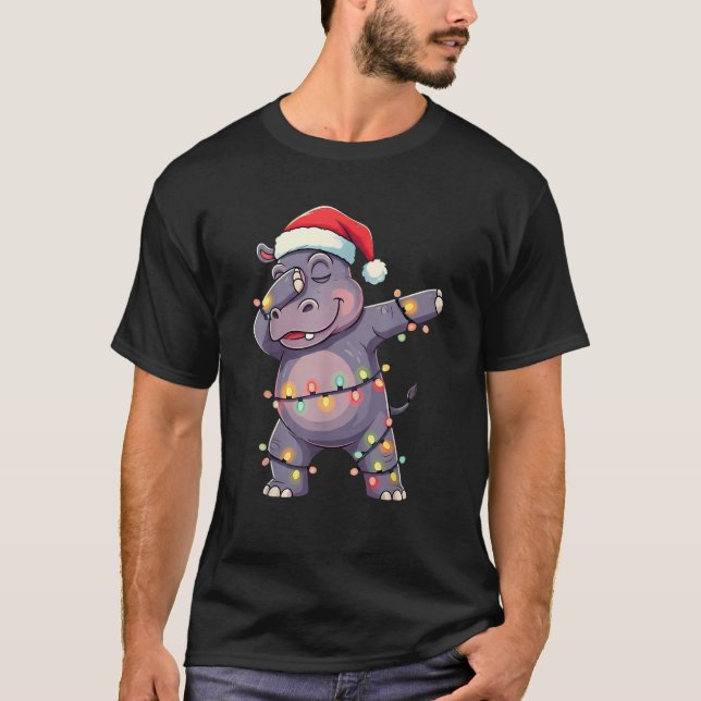 Christmas Santa Hat Dabbing Hippo Xmas Lights Dab  T-Shirt (Front)