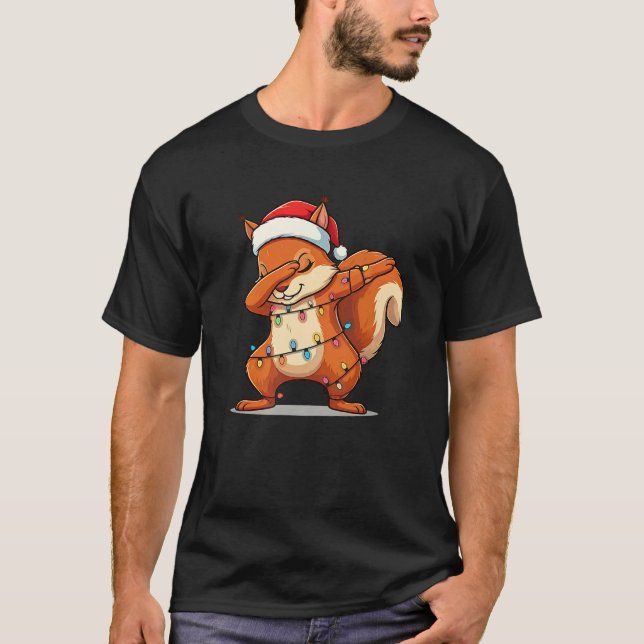 Christmas Santa Hat Dabbing Squirrel Xmas Lights G T-Shirt (Front)