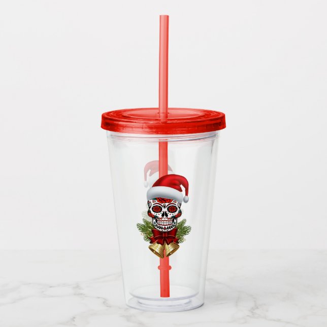 Christmas Santa Hat Day Of The Dead Sugar Skull Acrylic Tumbler (Front)