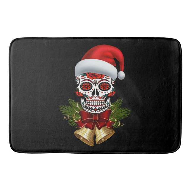 Christmas Santa Hat Day Of The Dead Sugar Skull Bath Mat (Front)