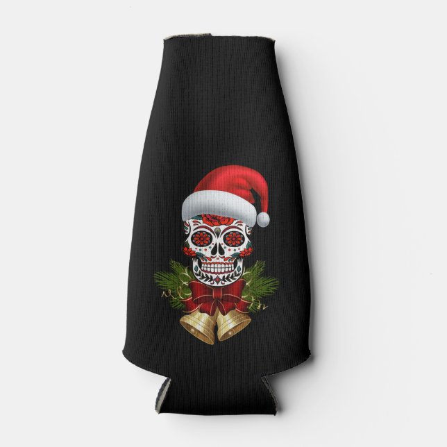 Christmas Santa Hat Day Of The Dead Sugar Skull Bottle Cooler (Front)