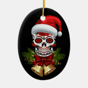 Christmas Santa Hat Day Of The Dead Sugar Skull Ceramic Tree Decoration