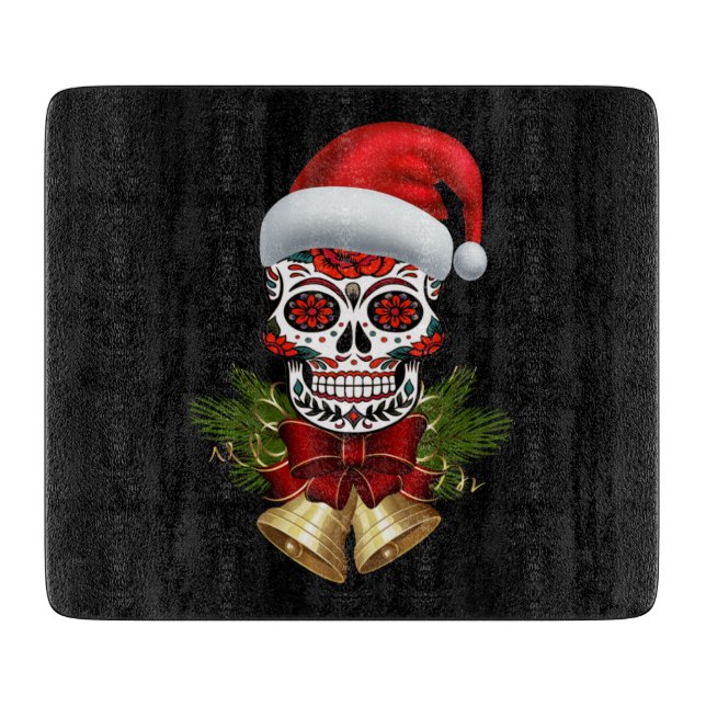 Christmas Santa Hat Day Of The Dead Sugar Skull Cutting Board (Front)