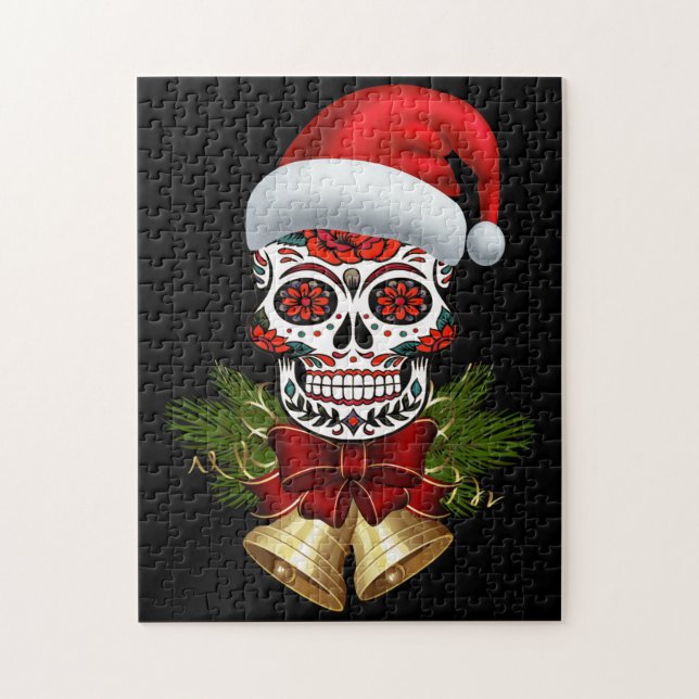 Christmas Santa Hat Day Of The Dead Sugar Skull Jigsaw Puzzle (Vertical)