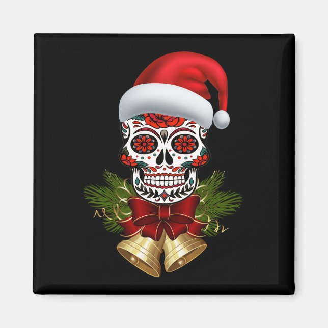 Christmas Santa Hat Day Of The Dead Sugar Skull Magnet (Front)