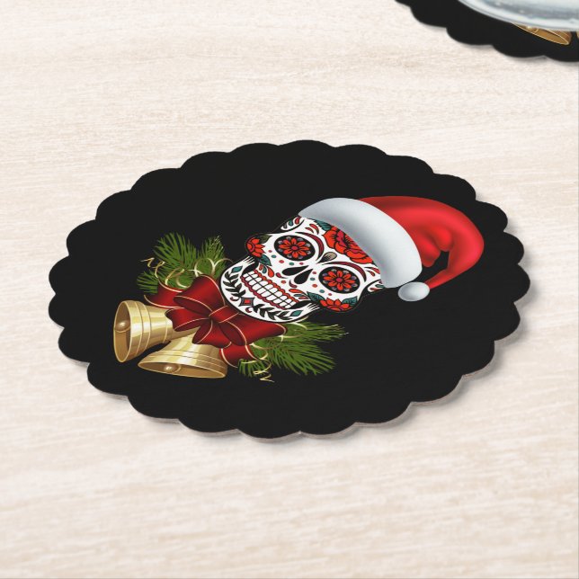 Christmas Santa Hat Day Of The Dead Sugar Skull Paper Coaster (Angled)