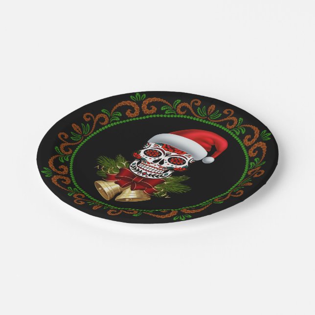 Christmas Santa Hat Day Of The Dead Sugar Skull Paper Plate (Angled)