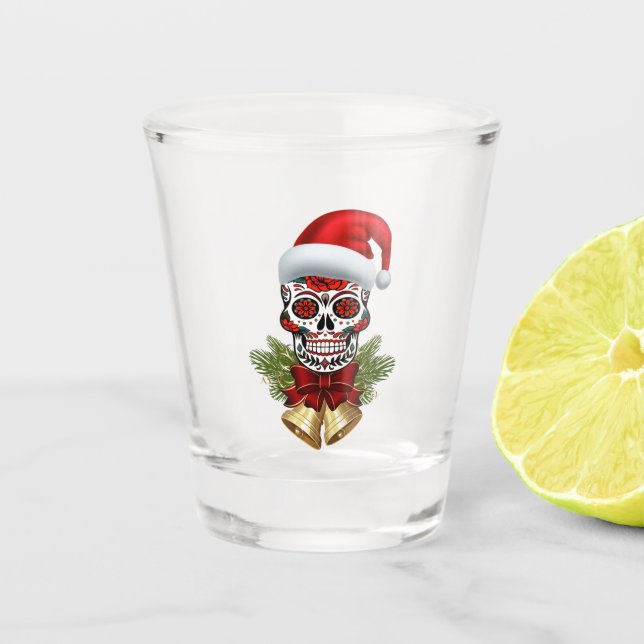Christmas Santa Hat Day Of The Dead Sugar Skull Shot Glass (Front)