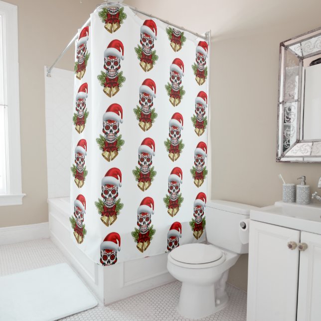 Christmas Santa Hat Day Of The Dead Sugar Skull Shower Curtain (In Situ)