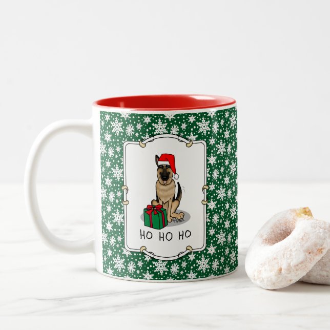 Christmas Santa Hat German Shepherd Dog Cute Two-Tone Coffee Mug (With Donut)