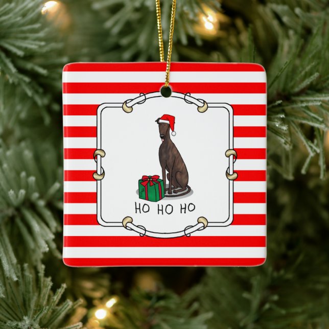 Christmas Santa Hat Greyhound Dog (brindle) Funny Ceramic Ornament (Tree)