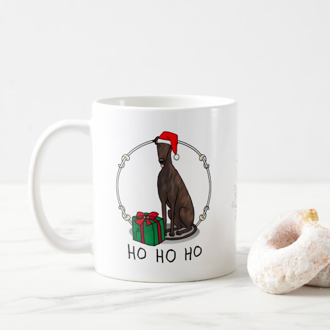 Christmas Santa Hat Greyhound Dog (brindle) Funny Coffee Mug (With Donut)