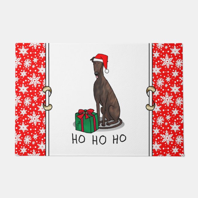 Christmas Santa Hat Greyhound Dog (brindle) Funny Doormat (Front)