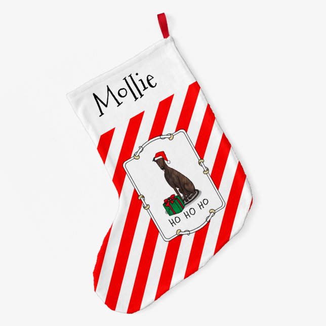 Christmas Santa Hat Greyhound Dog (brindle) Funny Large Christmas Stocking (Back (Hanging))