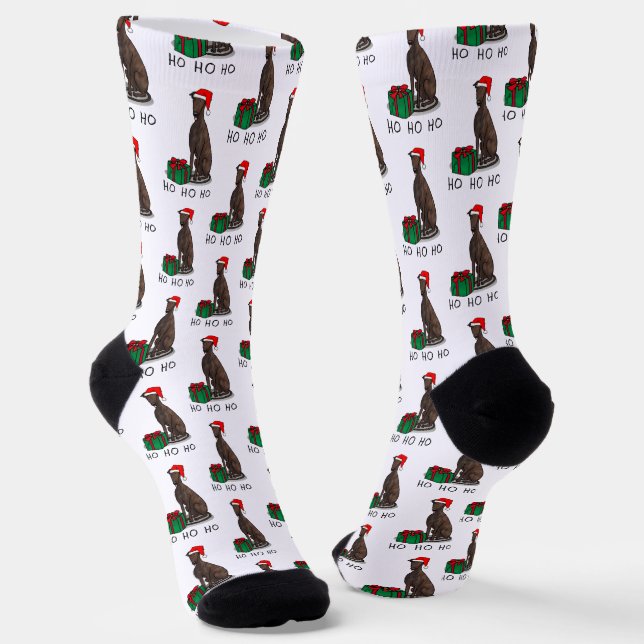 Christmas Santa Hat Greyhound Dog (brindle) Funny Socks (Angled)