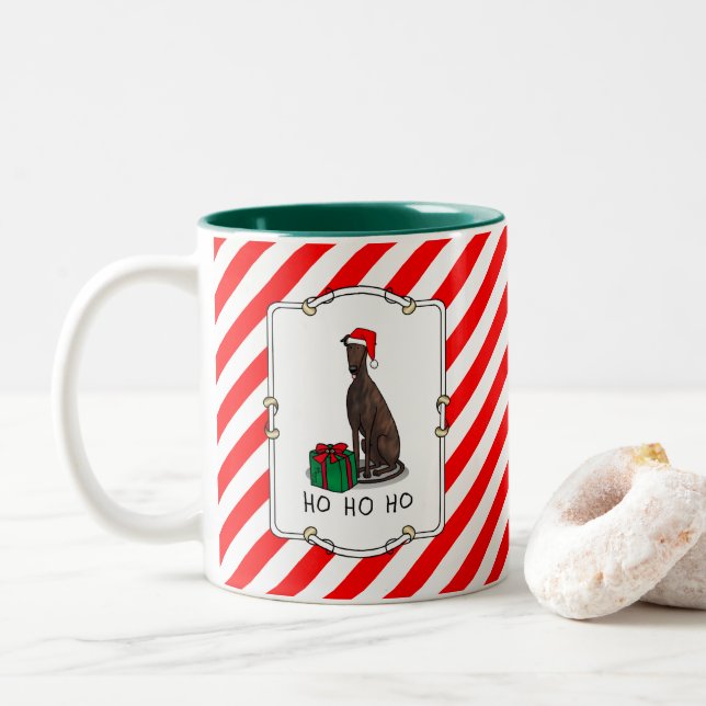 Christmas Santa Hat Greyhound Dog (brindle) Funny Two-Tone Coffee Mug (With Donut)