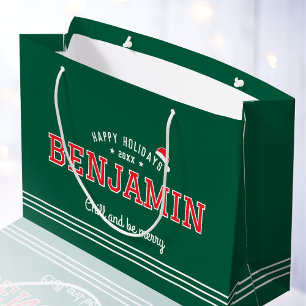 Christmas Santa Hat Name Typography Green Red Large Gift Bag