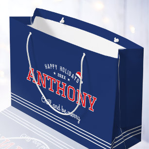 Christmas Santa Hat Name Typography Navy Blue Red Large Gift Bag