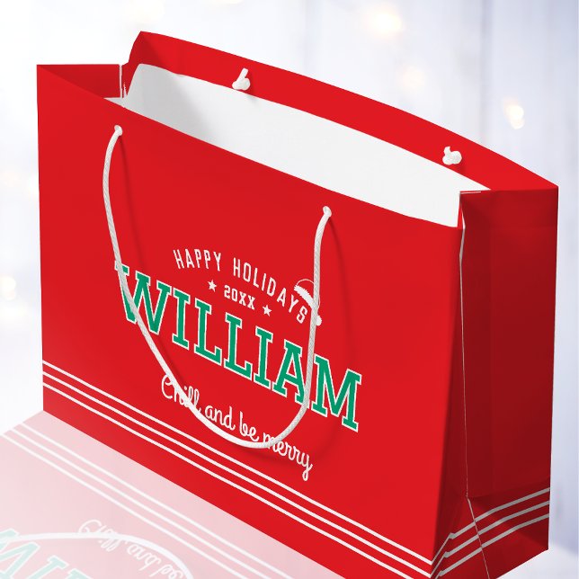 Christmas Santa Hat Name Typography Red Green Large Gift Bag (Creator Uploaded)