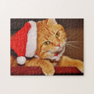 Christmas Santa Hat on an Orange Tabby Cat Jigsaw Puzzle