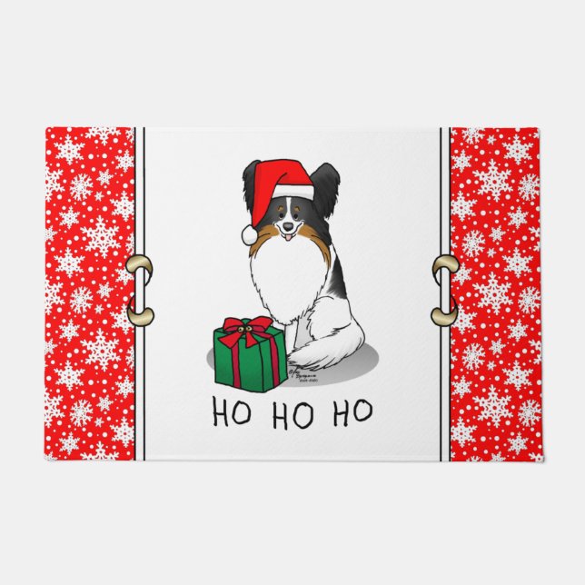 Christmas Santa Hat Papillon (tri-colour) Dog Cute Doormat (Front)