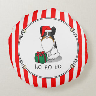 Christmas Santa Hat Papillon (tri-colour) Dog Cute Round Cushion