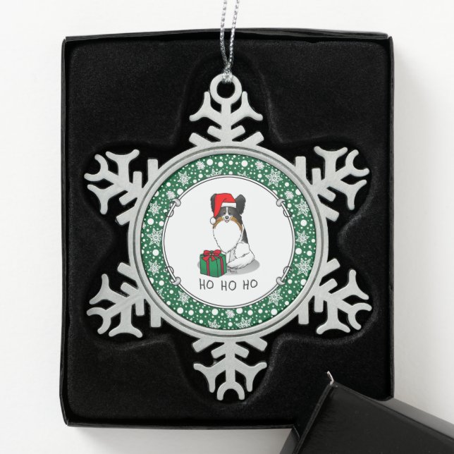 Christmas Santa Hat Papillon (tri-colour) Dog Cute Snowflake Pewter Christmas Ornament (Box)