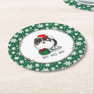 Christmas Santa Hat Pomeranian (tri-colour) Cute Round Paper Coaster