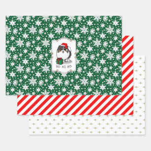 Christmas Santa Hat Pomeranian (tri-colour) Cute Wrapping Paper Sheet